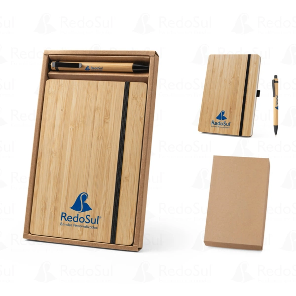 RD 93624-Conjunto de caderno 21 x 14 personalizado com caneta acabamento em bambu RD 93624-Conjunto de caderno 21 x 14 personalizado com caneta acabamento em bambu